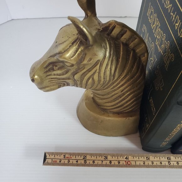 Vintage Brass Zebra Head Bookends Heavy Safari Animal Figurine Pair Mid Century - Picture 10 of 12